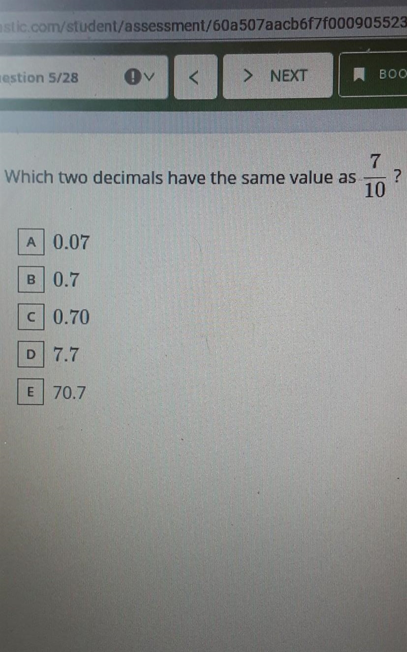 Which two decimals have the same value as 7/10 ​-example-1