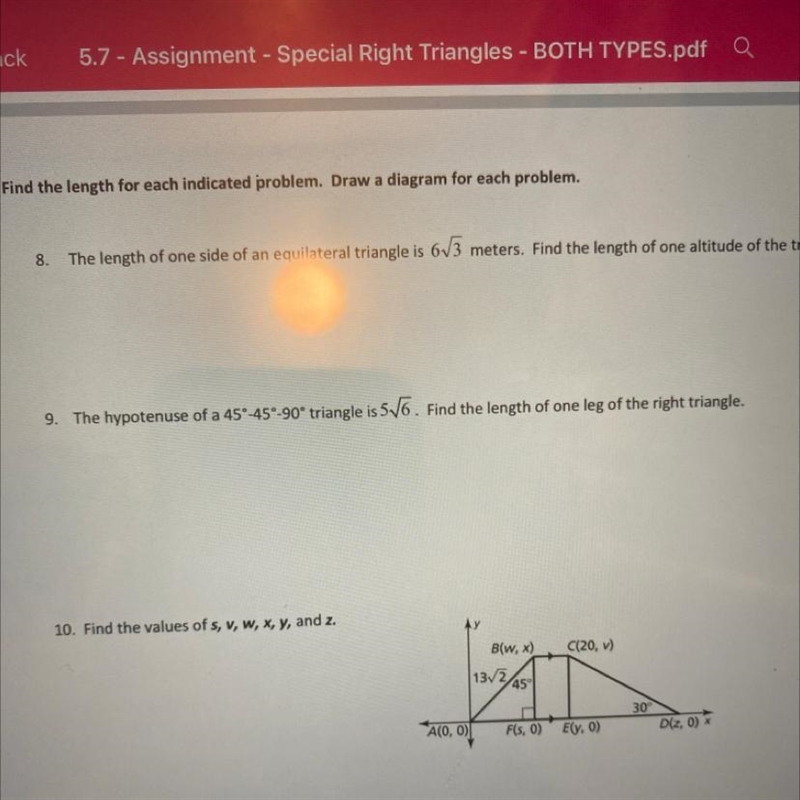 9. The hypotenuse of a 45°-45°-90° triangle is 5 sqrt 6. Find the length of one leg-example-1