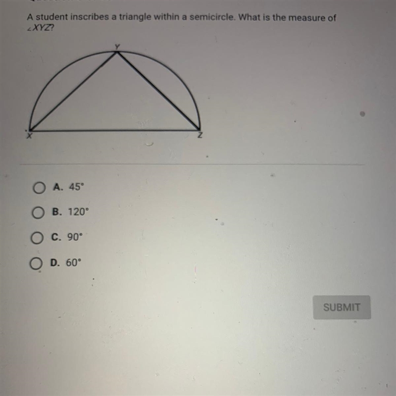 A student inscribes a triangle within a semicircle. What is the measure of XYZ?-example-1