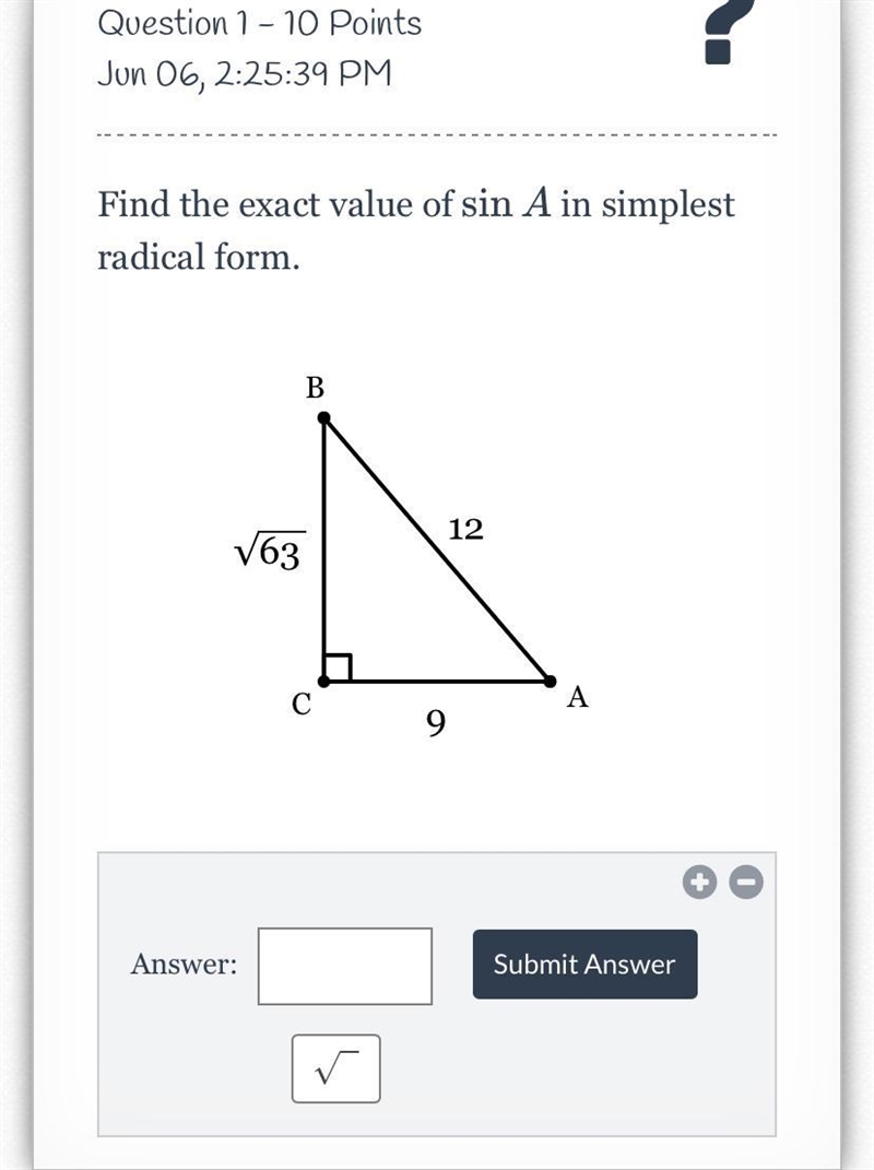 Find the exact value of sinA in simplest radical form.-example-1