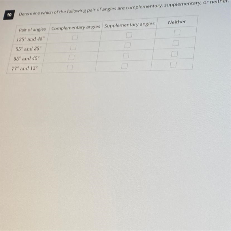 Determine which of the following pair of angles are complementary, supplementary or-example-1