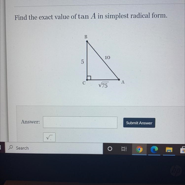 Find the exact value of tan A in simplest radical form.-example-1