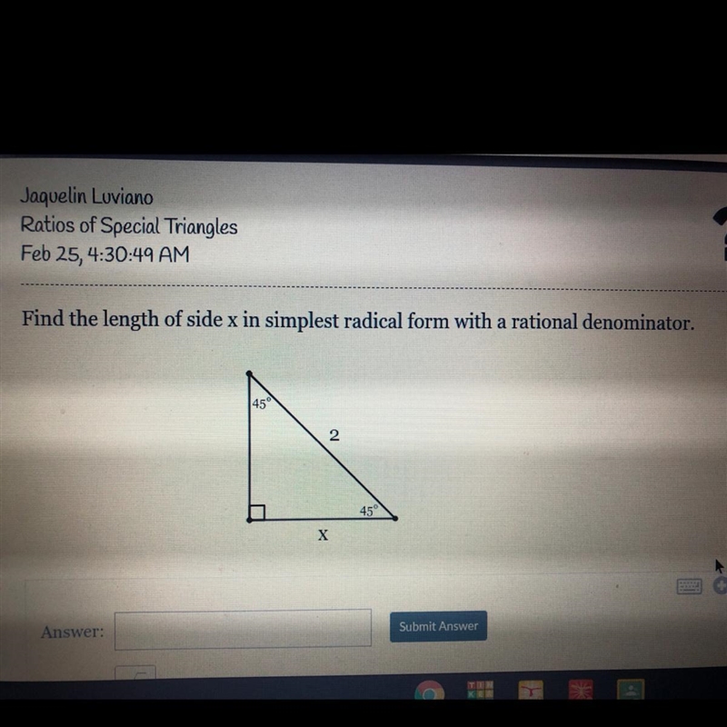 Find the length of side x in simplest radical form with a rational denominator-example-1