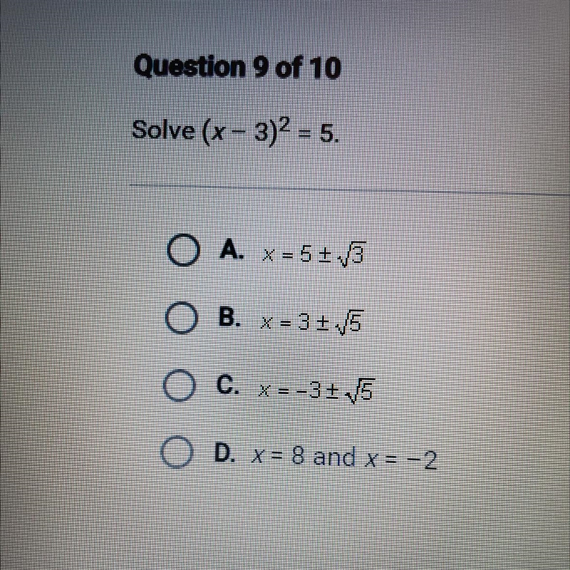 Please help me with the correct answer Solve (x - 3)^2=5-example-1