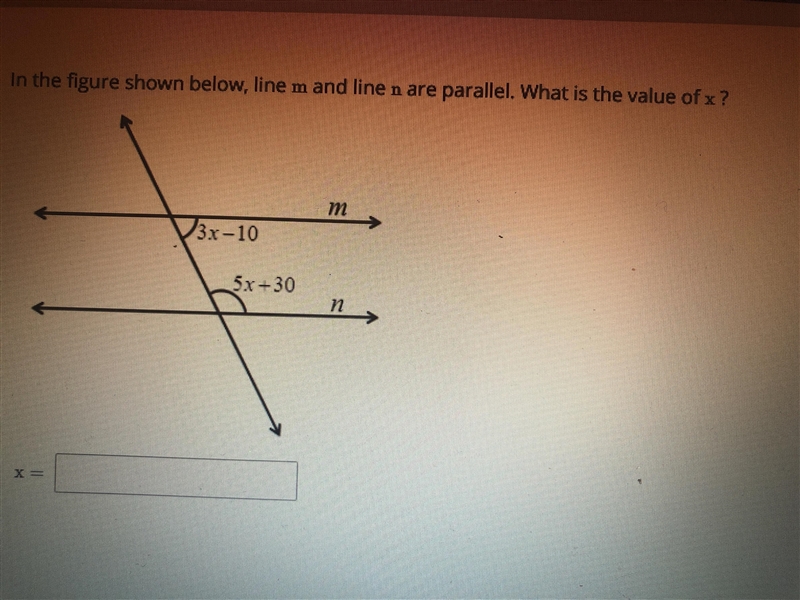 In the figure shown below, line m and line n are parallel. What is the value of x-example-1