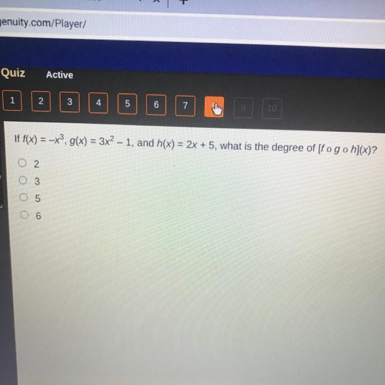 If f(x) = -х3, g(x) = 3х2 – 1, and hx) = 2х + 5, what is the degree of [f ogo h](x-example-1