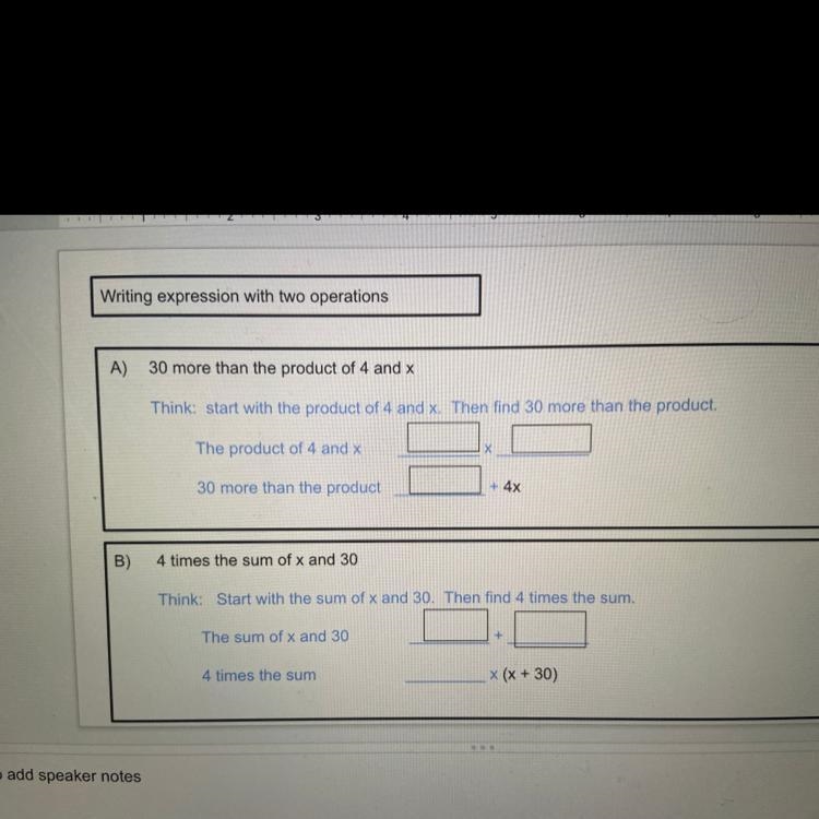 4 times the sum of x and 30 Think Start with the sum of x and 30. Then find 4 times-example-1