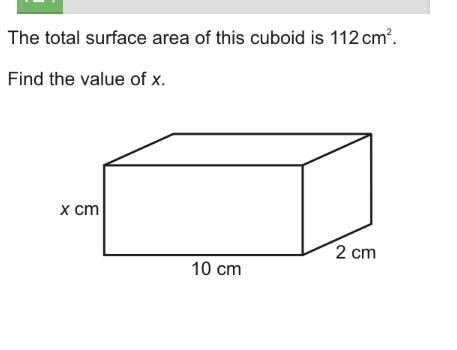 The total surface area of this cuboid is 112cm^2. Find the value of x. Please help-example-1