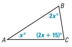 Find the value of 'x' then calculate the measure of angle C(2x + 15) in the triangle-example-1