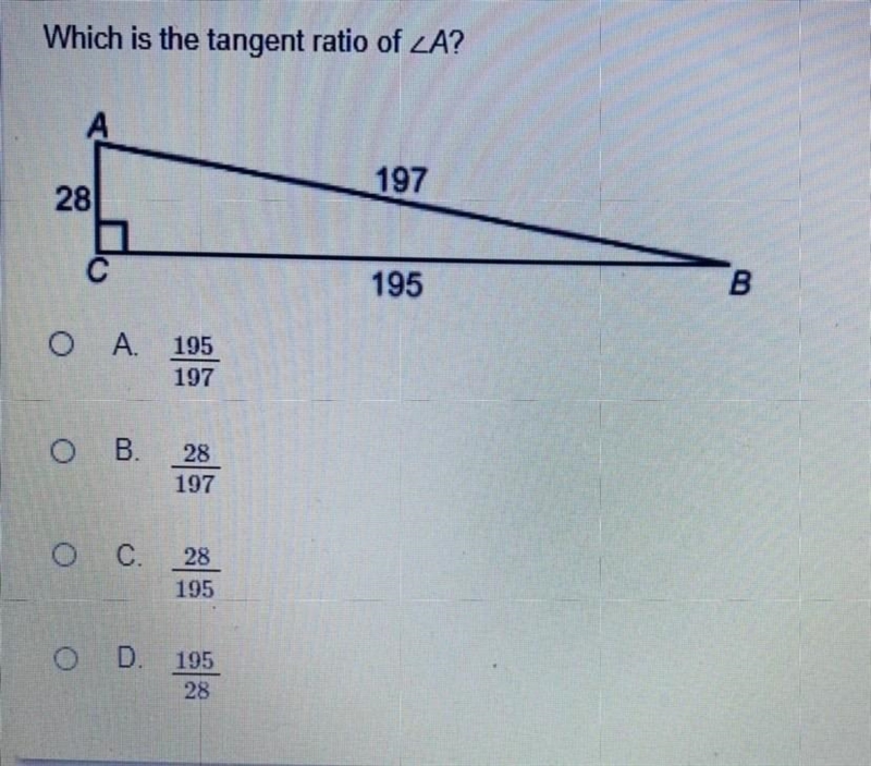 PLEASE HELP MEEEEE which is the tangent ratio of A?-example-1