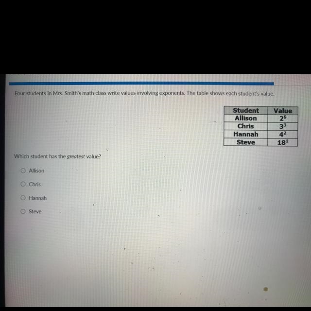 Four students in mrs. smiths math class write value involving exponents. The table-example-1