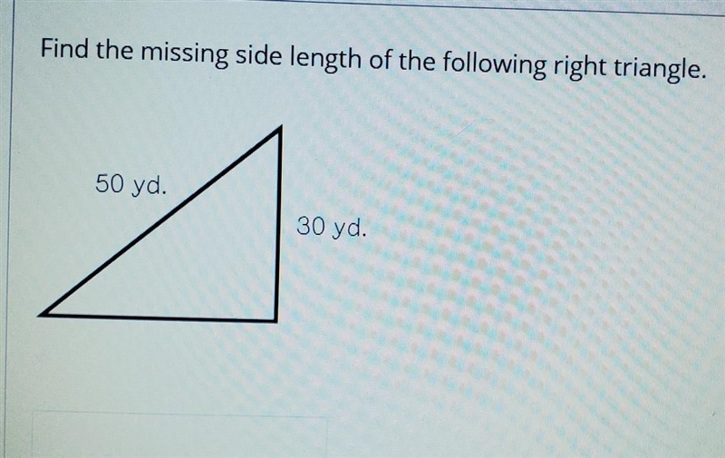 Pythagoras theory Find the missing side length of the following right triangle. ​-example-1