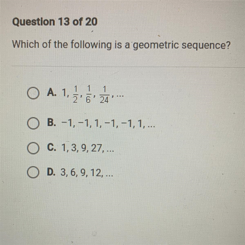 Which of the following is a geometric sequence?-example-1