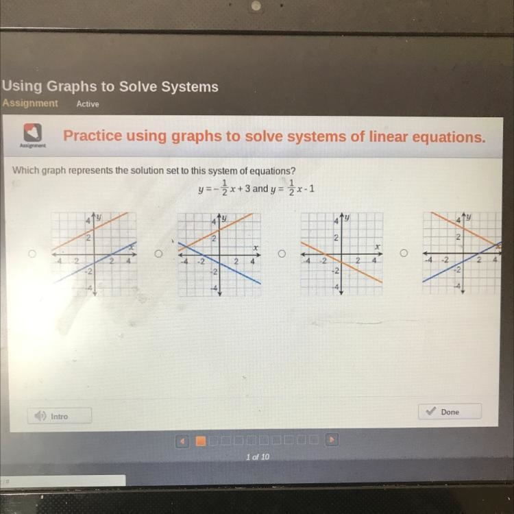 Which graph represents the solution set to this system of equations? Y=-1/2x+3 and-example-1