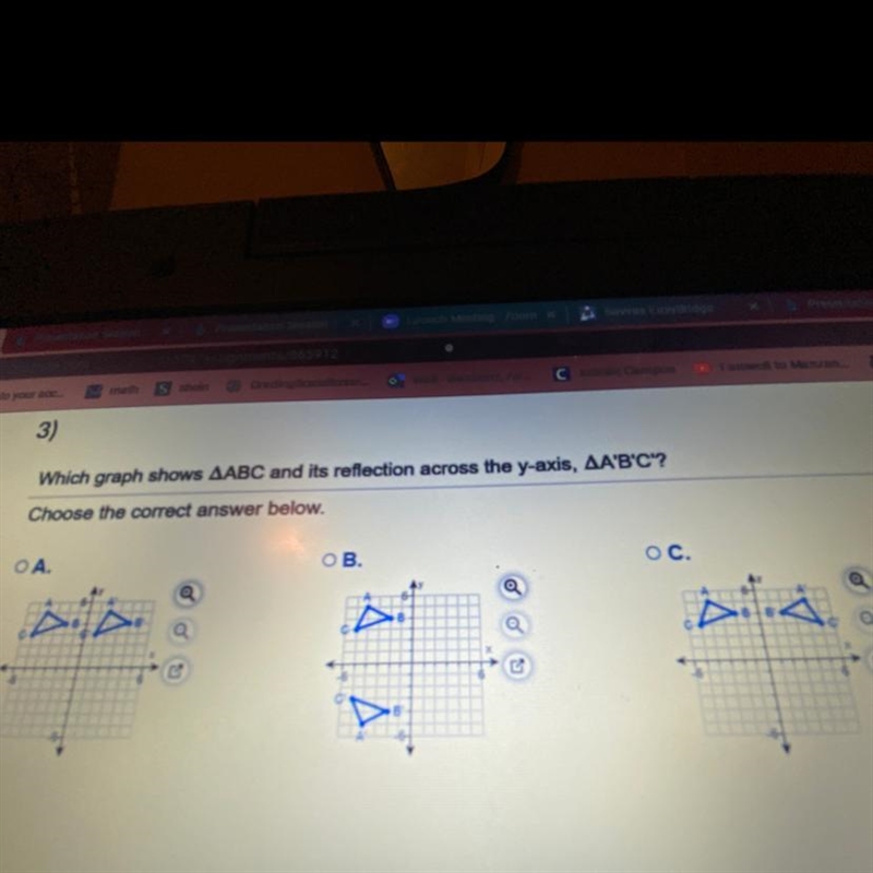 3) Which graph shows AABC and its reflection across the y-axis, AA'B'C'?-example-1