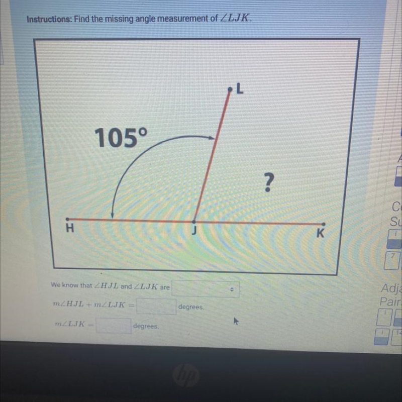 Find the missing angle measurements of LJK ? , fill in the boxes-example-1