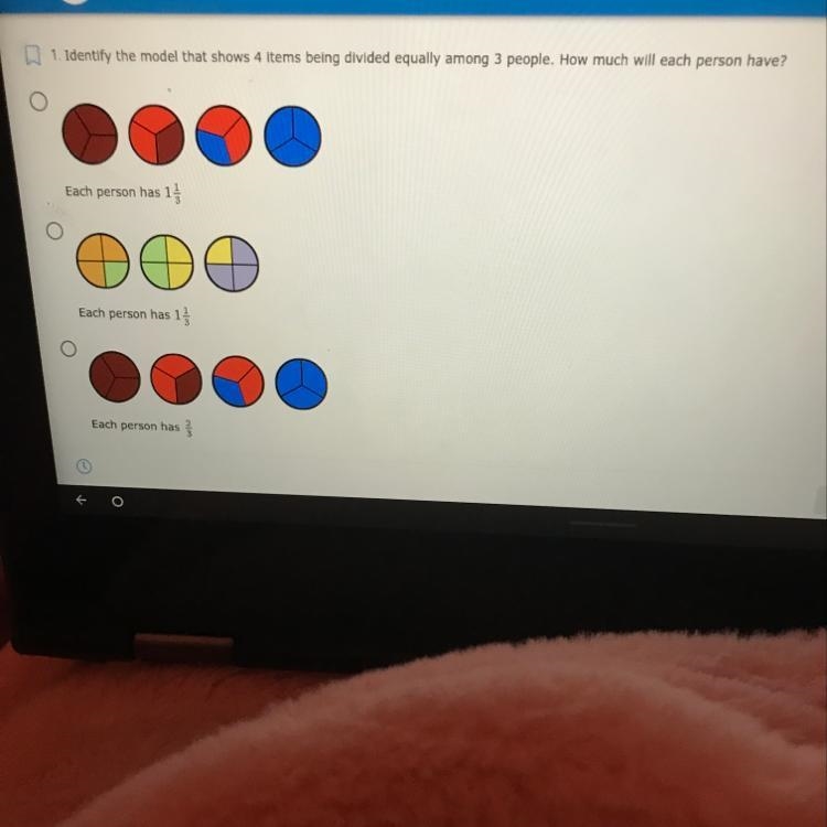 Identify the model that shows 4 items being divided equally among 3 people. How much-example-1