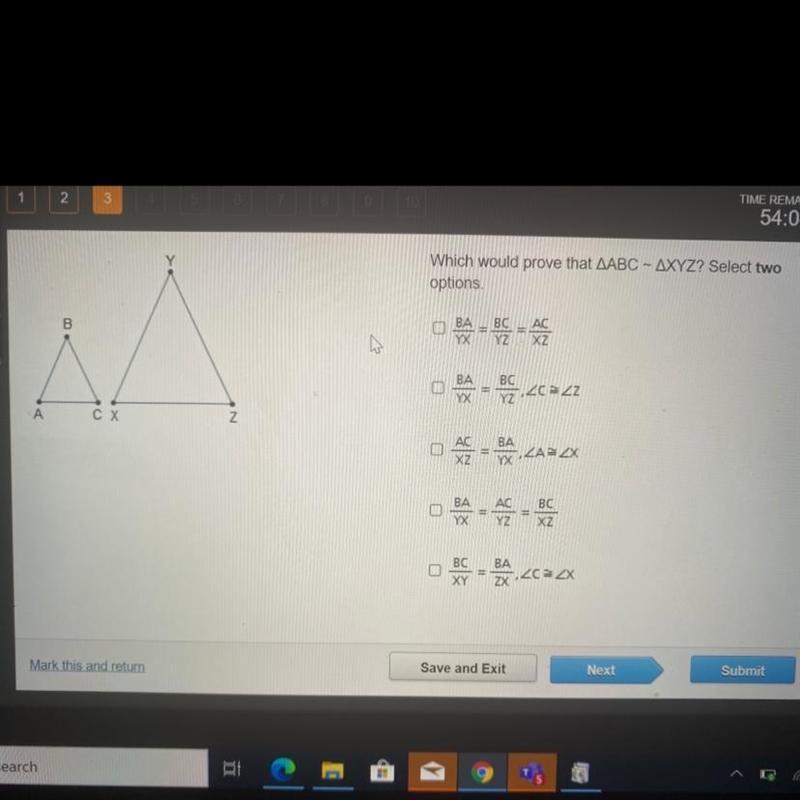 Which would prove that triangle abc~triangle xyz? Select two options .-example-1