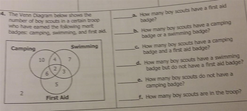 a. 24. The Venn Diagram below shows the badges: camping, swimming, and first aid. number-example-1