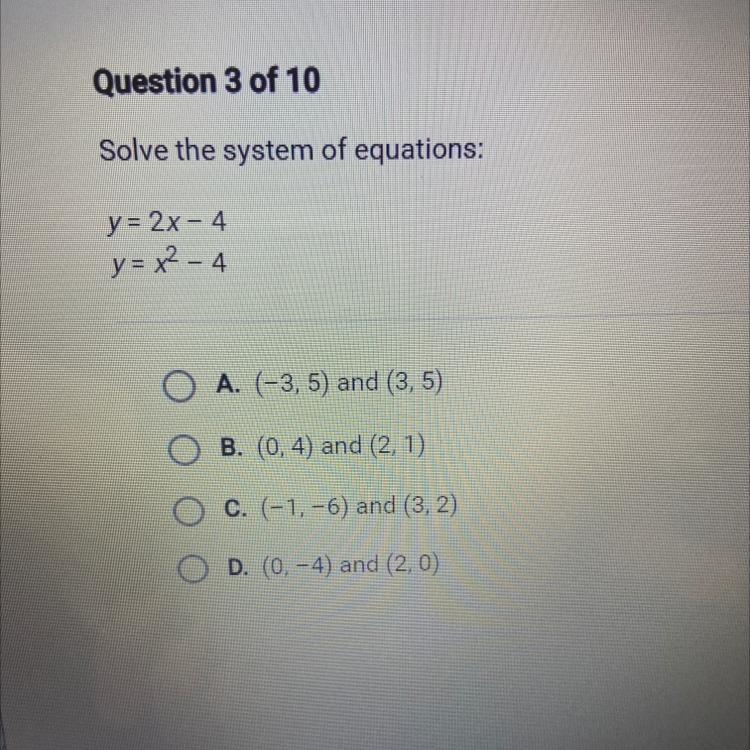 Solve the system of equations: v=2x-4 y=x2 - 4-example-1