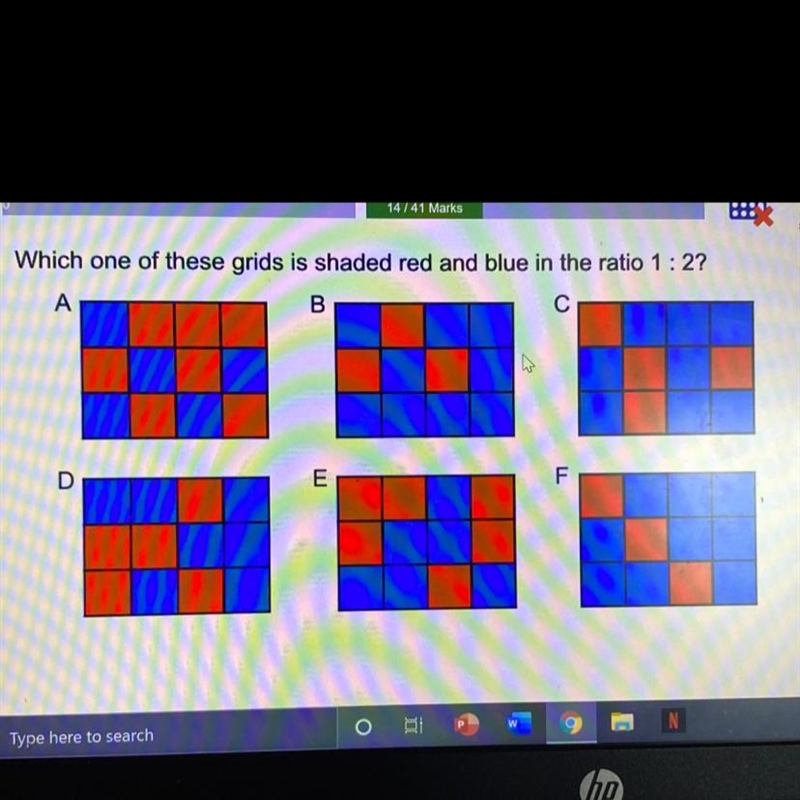 ANSWER ASAP PLEASE Which one of these grids is shaded red and blue in the ratio 1:2? A-example-1