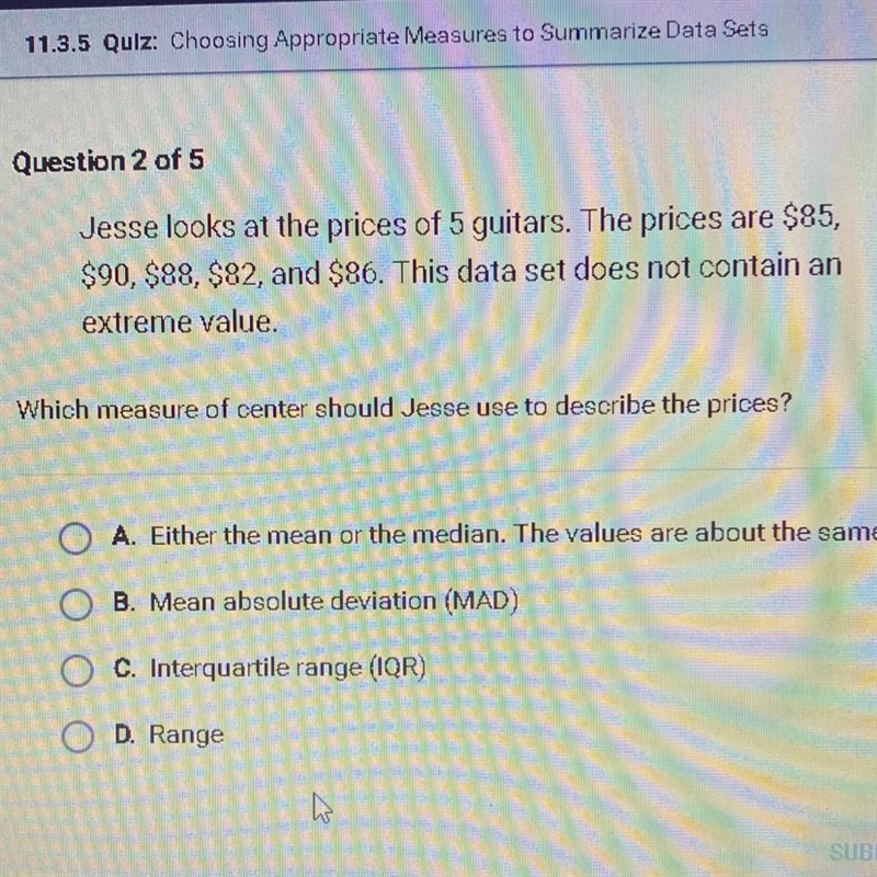 Jesse looks at the prices of 5 guitars. The prices are $85, $90, $88, $82, and $86. This-example-1