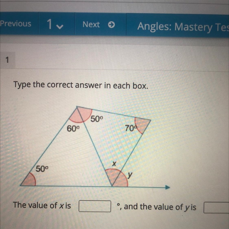 The value of x is ___ °, and the value of y is-example-1