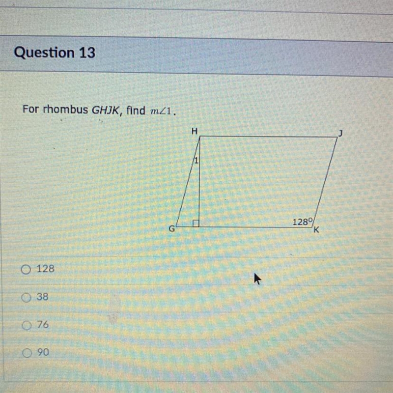 For rhombus GHJK, find m21. Η 1280 Ο 128 Ο 38 O 90-example-1