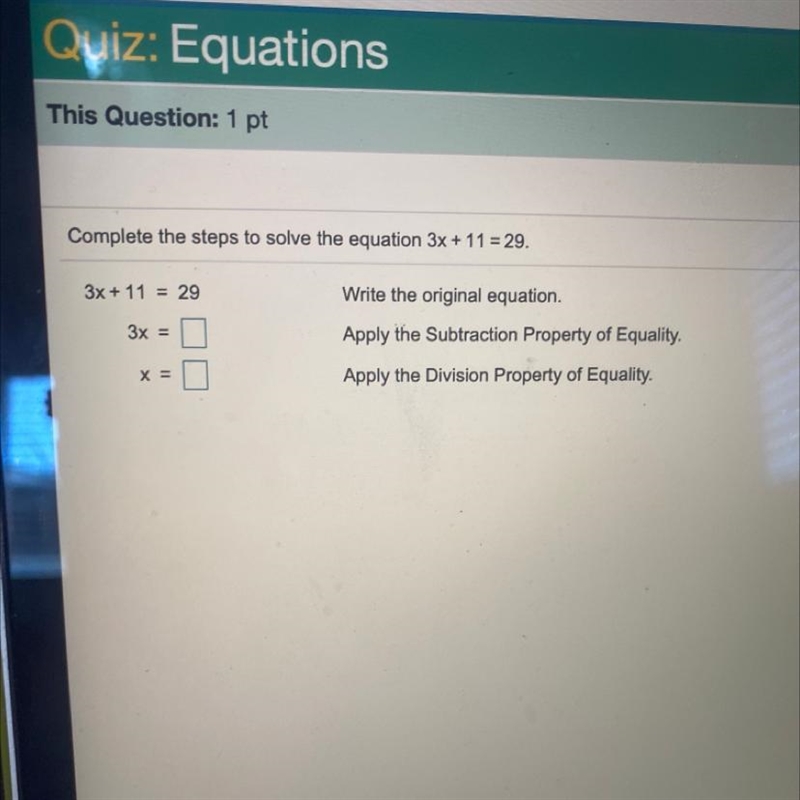 Complete the steps to solve the equation 3x + 11 = 29.-example-1