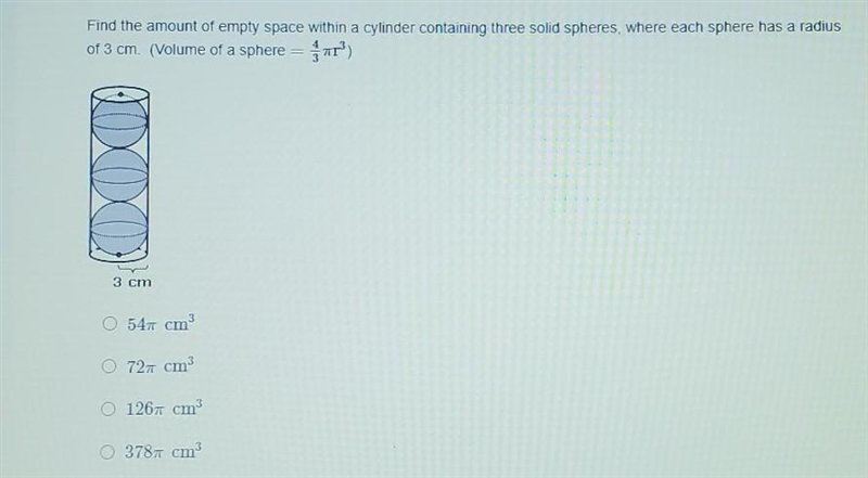 Please help! Find the amount of empty space within a cylinder containing three solid-example-1