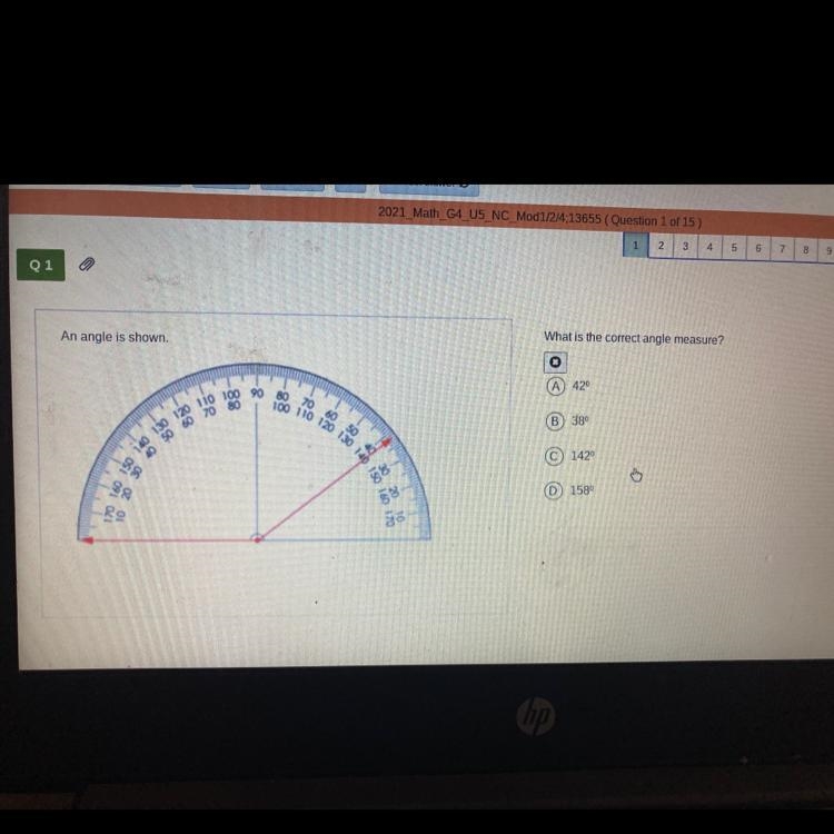 What is the correct angle measure 42° 38° 142° 158°-example-1