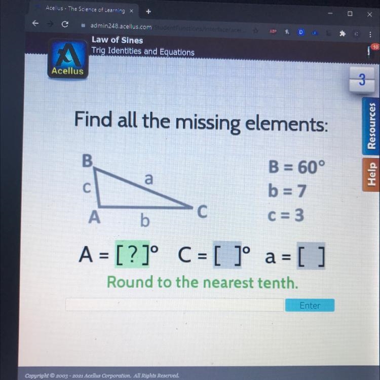 Find all the missing elements: B. a B = 60° b = 7 С С А b C = 3-example-1