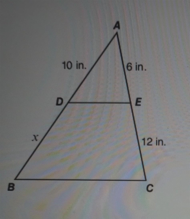 In the given ∆ABC, DE || BC. What is the value of x? A)12 in. B)16 in. C)20 in. D-example-1