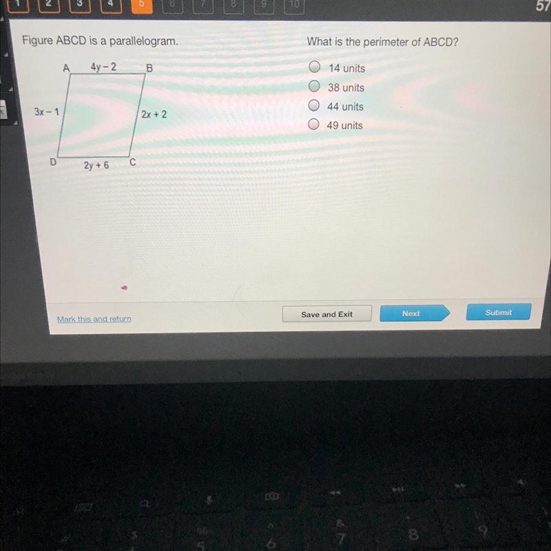 Figure ABCD is a parallelogram. What is the perimeter of ABCD? A 4y - 2 B 14 units-example-1