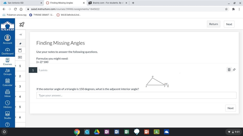 If the exterior angle of a triangle is 150 degrees, what is the adjacent interior-example-1