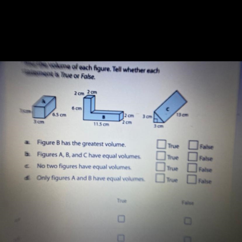 Find the volume of each figure. tell whether each statement is true or false.-example-1