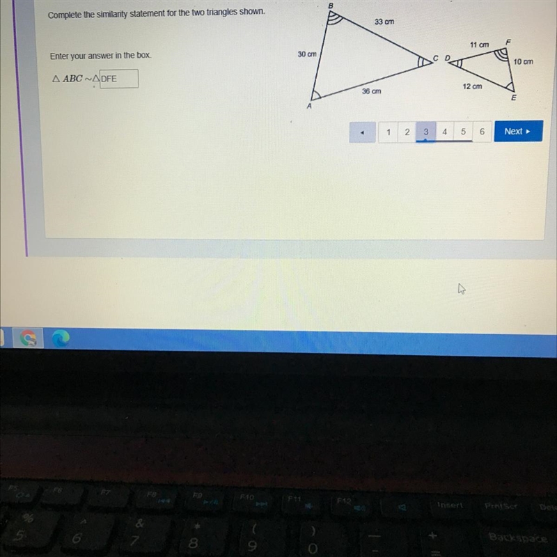 Complete the similarity for the two triangles shown. Triangle ABC-example-1