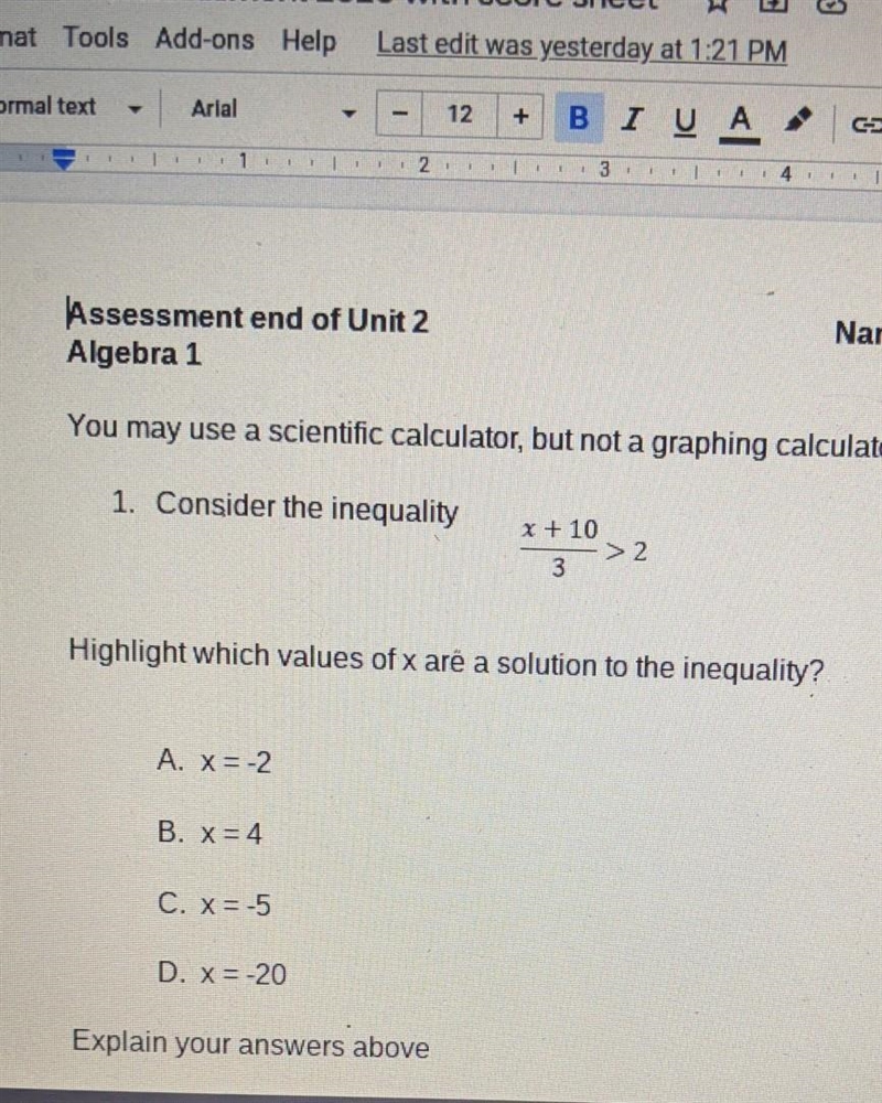 Consider the inequality x+10 /3>2 highlight which values of x are a solution to-example-1