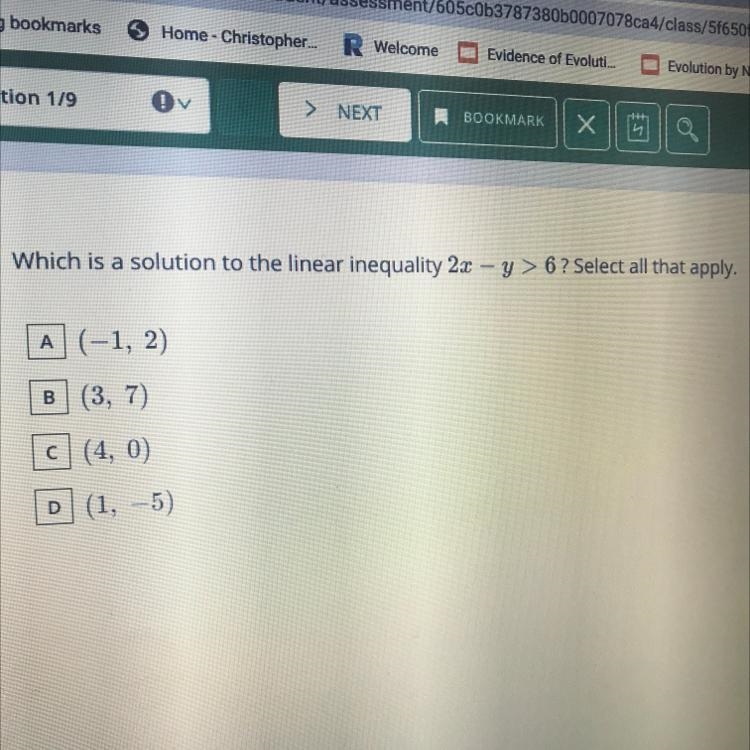 Which is a solution to the linear inequality 2x-y>6 select all that apply A(-1,2) B-example-1