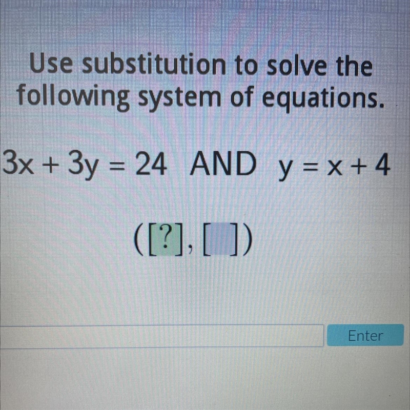 Use substitution to solve the following system of equations. 3x + 3y = 24 AND y = x-example-1