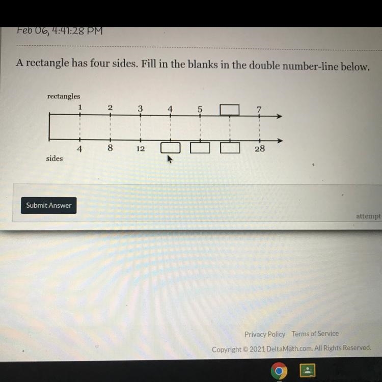 A rectangle has four sides. Fill in the blanks in the double number-line below. rectangles-example-1