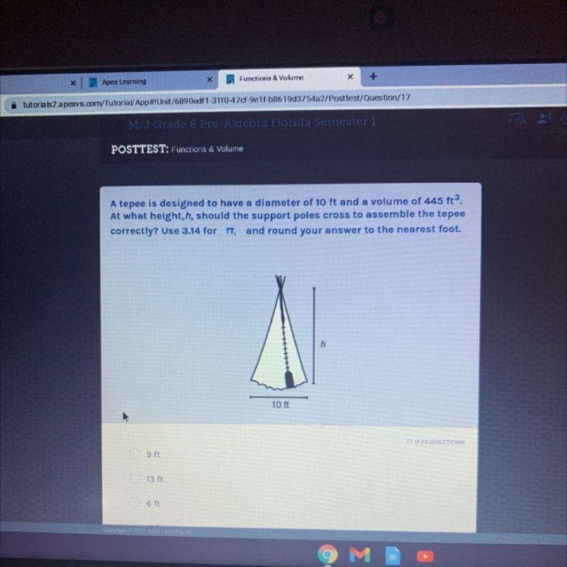 A tepee is designed to have a diameter of 10 ft and a volume of 445 ft3. At what height-example-1