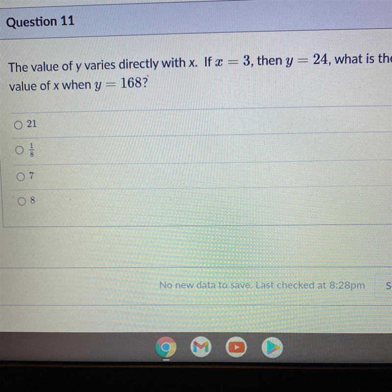 What is the The value of y varies directly with x. If x = 3, then y value of x when-example-1