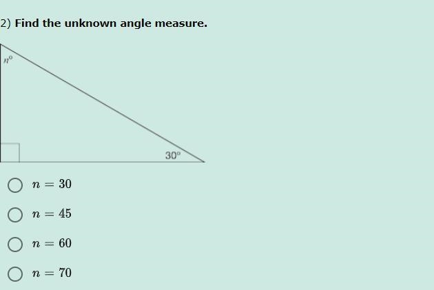 2) Find the unknown angle measure. Look at the picture math math i need help pls and-example-1