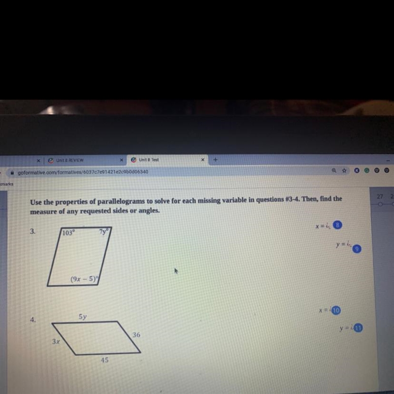 I need help finding the x and y using the properties of parallelograms.-example-1