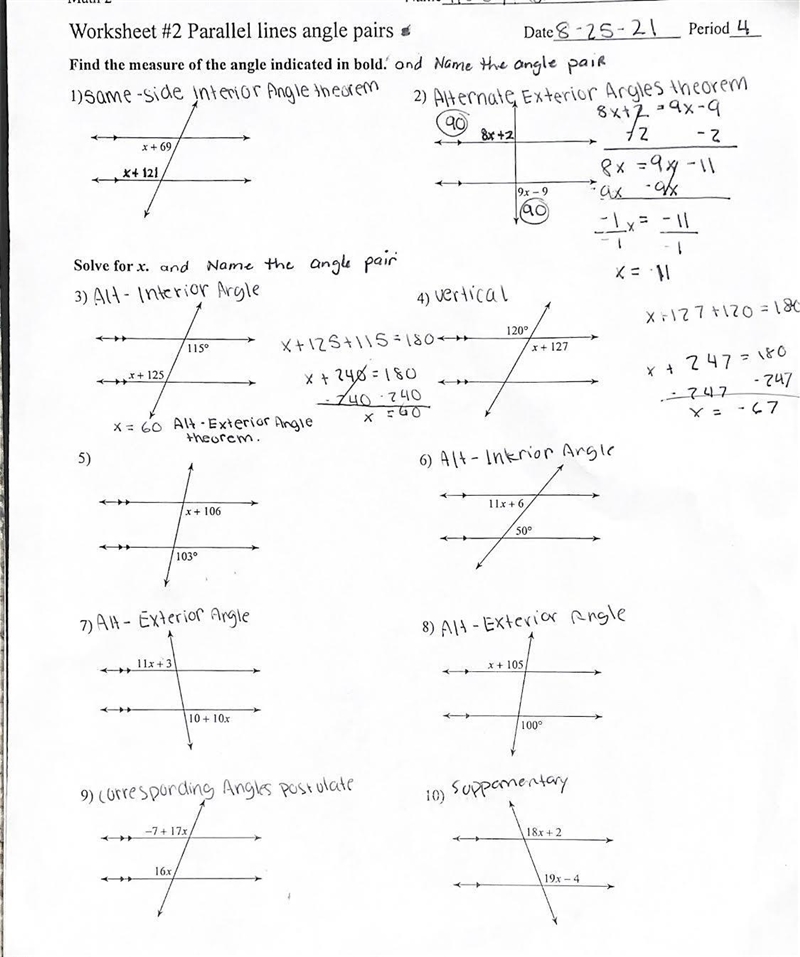 Find the measure of the angle and name the angle pair 1.) x+69 and x+121 2.) 8x+2 and-example-1