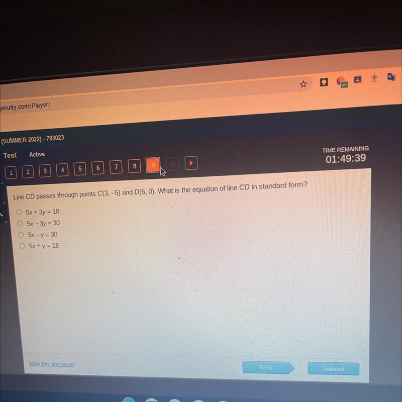 Line CD passes through points C(3, 5) and D(6, 0). What is the equation of the line-example-1