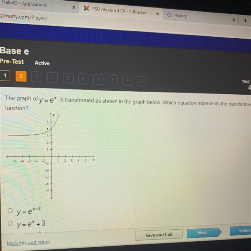 The graph y=e^x is transformed as shown in the graph blow which equation represents-example-1