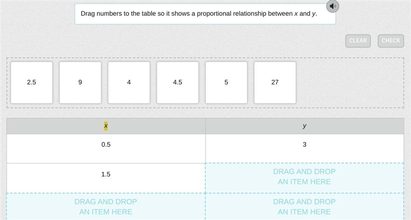 Drag numbers to the table so it shows a proportional relationship between x and y-example-1