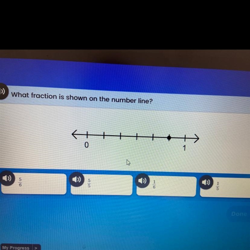 What fraction is shown on the number line? 5/6 5/5 1/6 1/5 Pls help-example-1